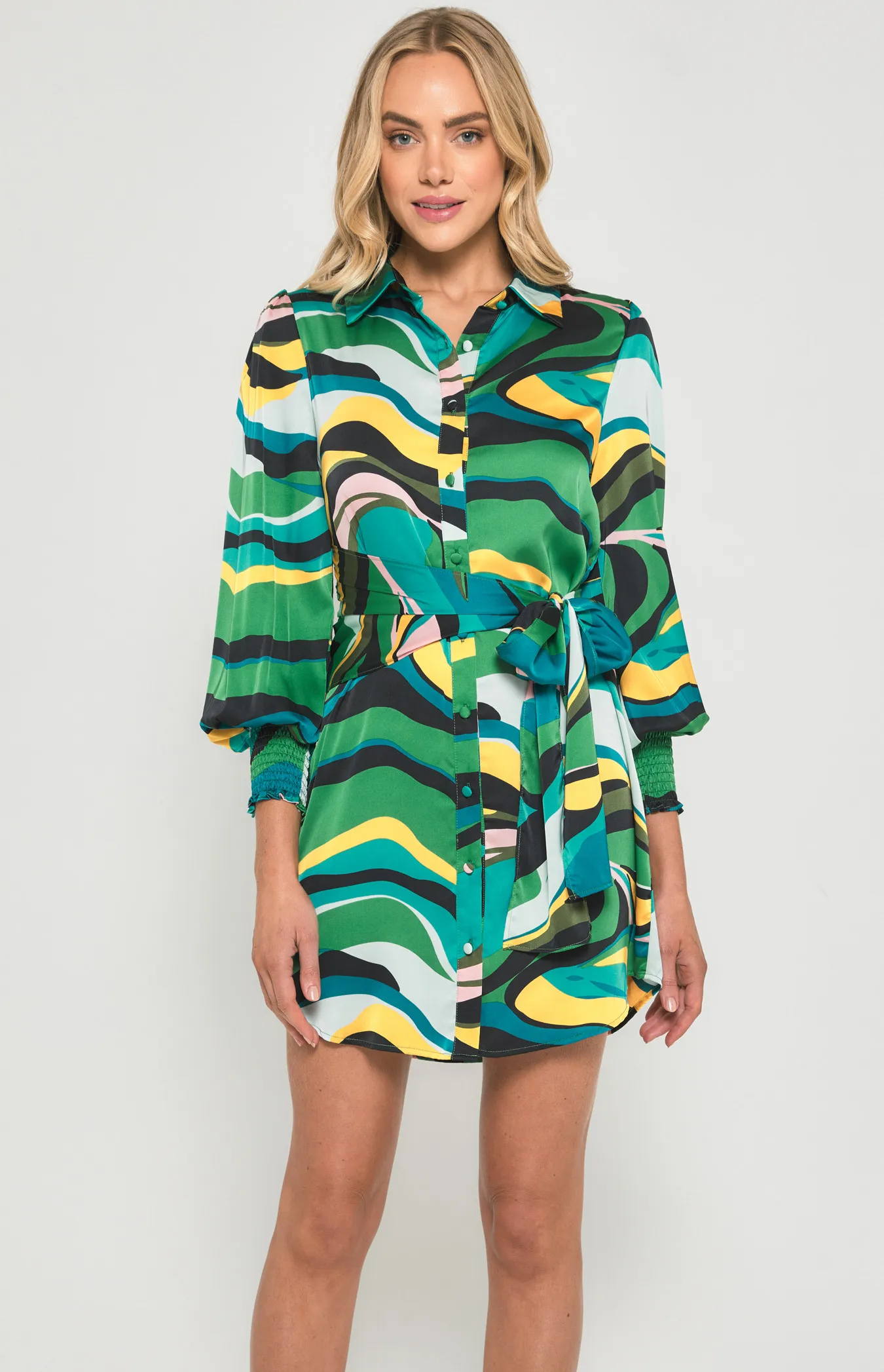 Abstract Print Satin Shirt Dress with Tie Detail