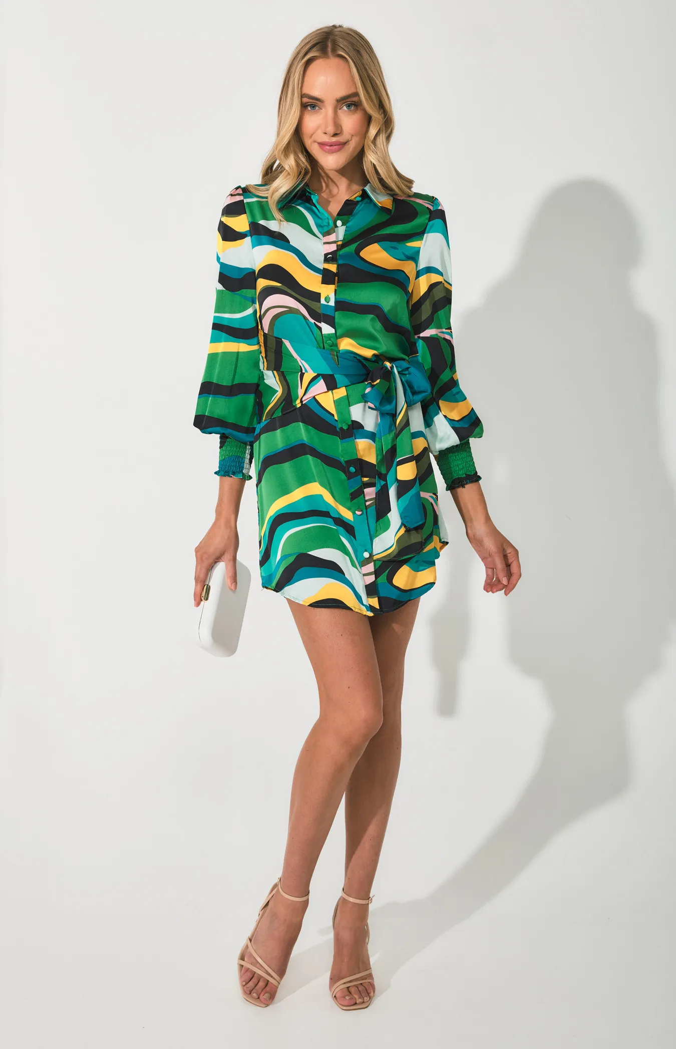 Abstract Print Satin Shirt Dress with Tie Detail