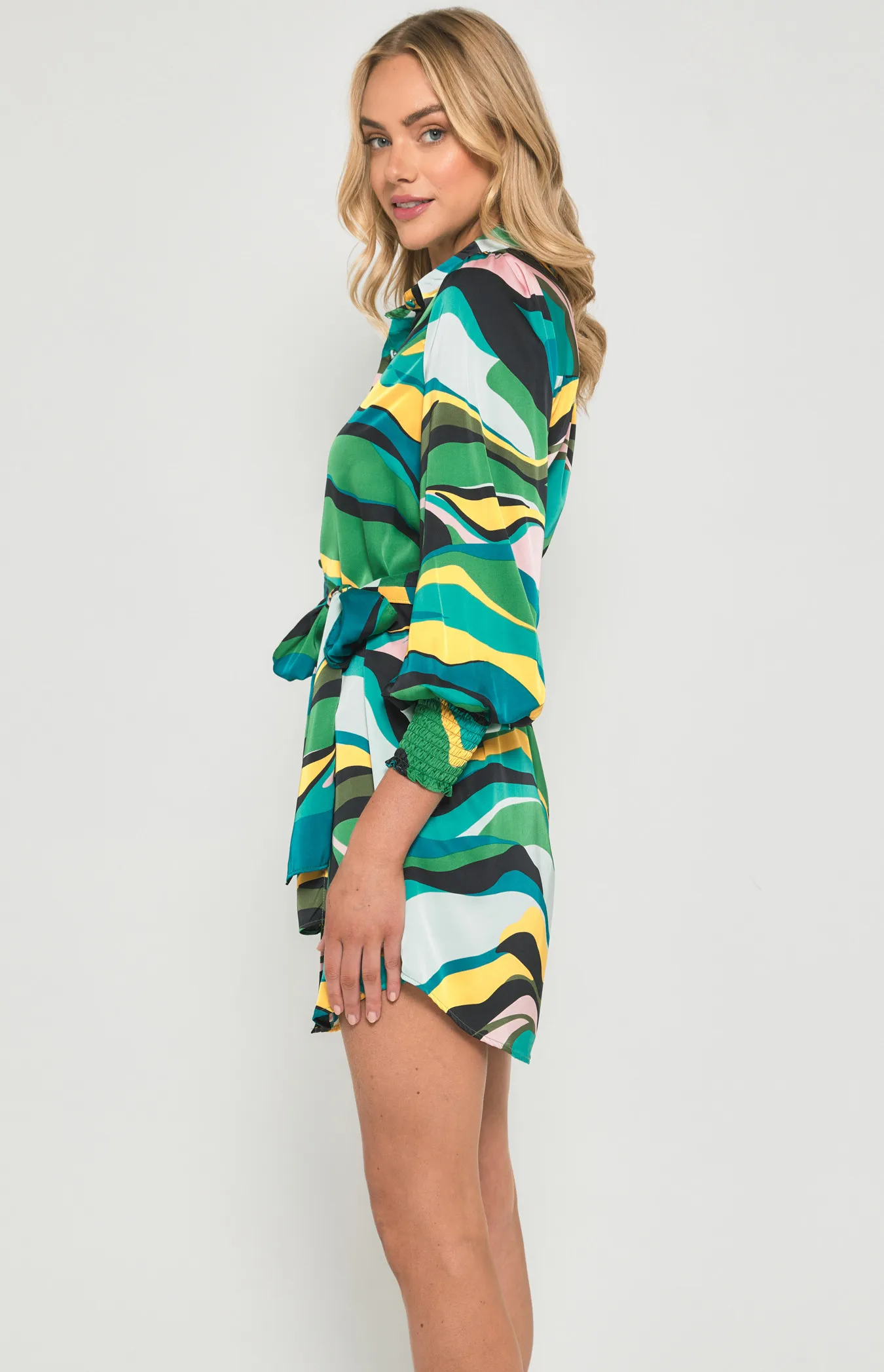 Abstract Print Satin Shirt Dress with Tie Detail