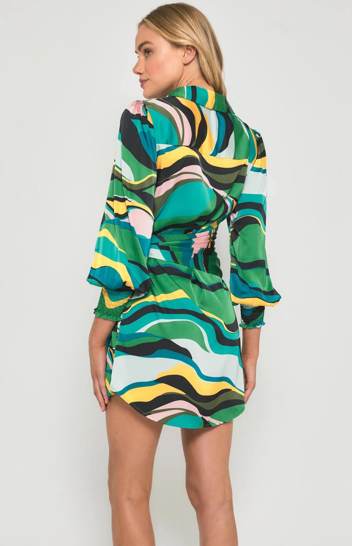 Abstract Print Satin Shirt Dress with Tie Detail