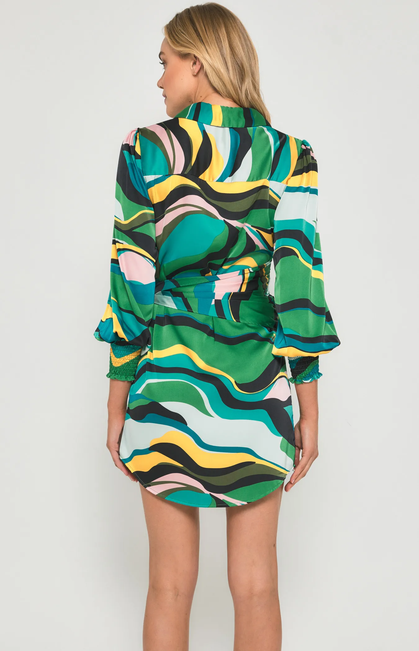 Abstract Print Satin Shirt Dress with Tie Detail