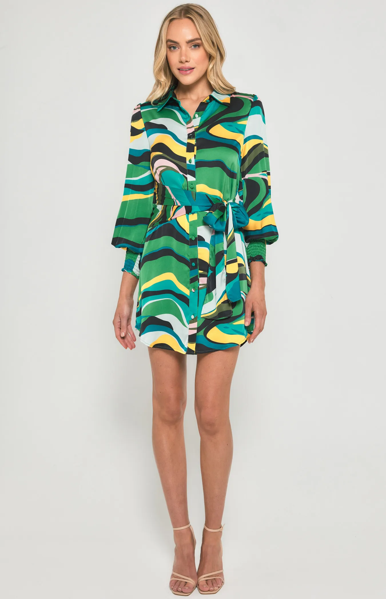 Abstract Print Satin Shirt Dress with Tie Detail