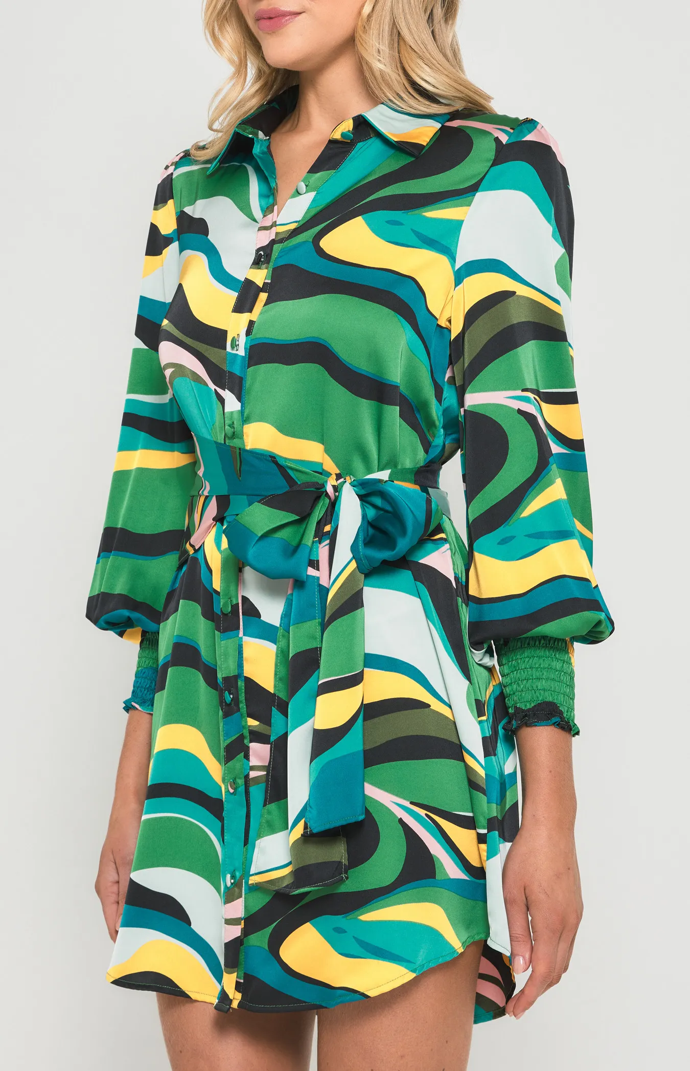 Abstract Print Satin Shirt Dress with Tie Detail