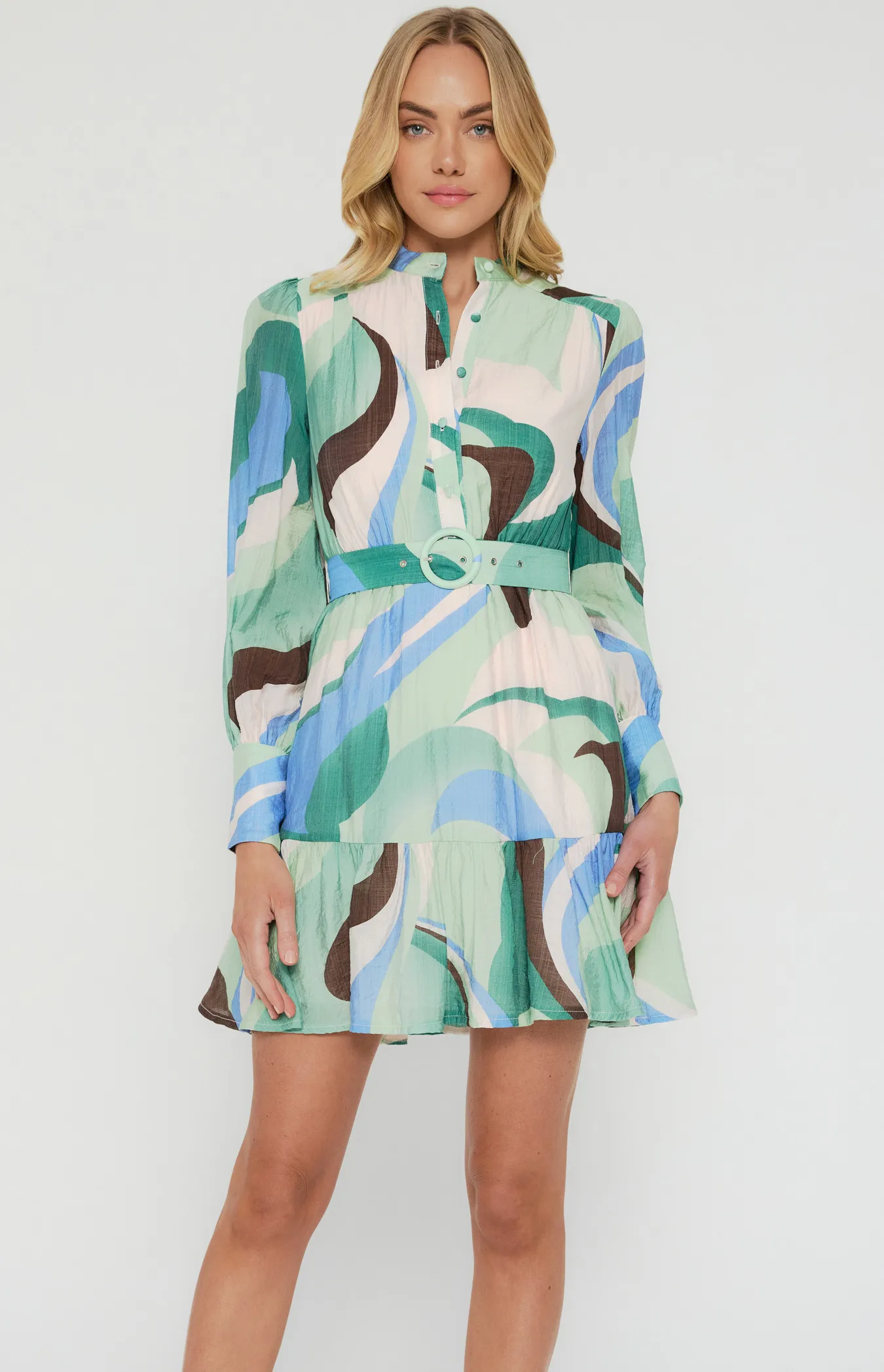 Abstract Print Shirt Dress with Self Fabric Belt