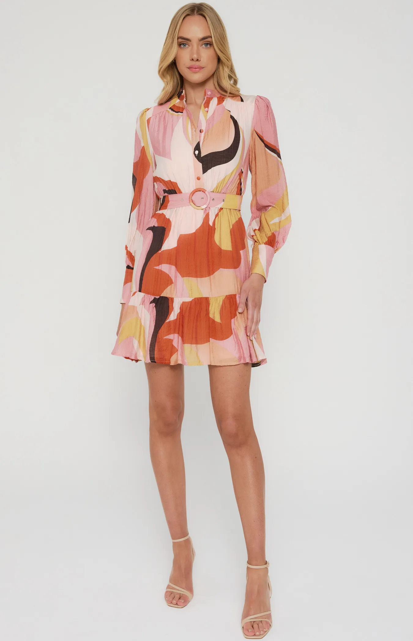 Abstract Print Shirt Dress with Self Fabric Belt