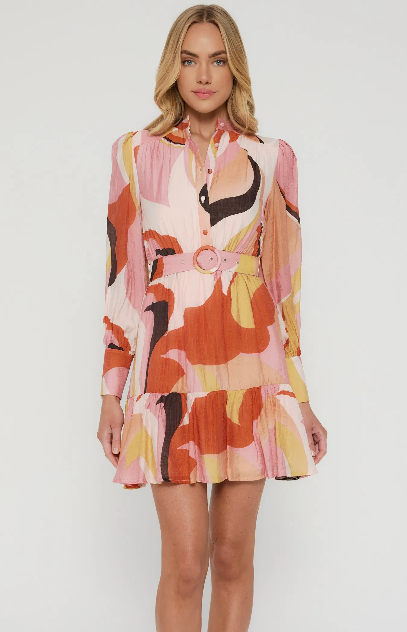 Abstract Print Shirt Dress with Self Fabric Belt