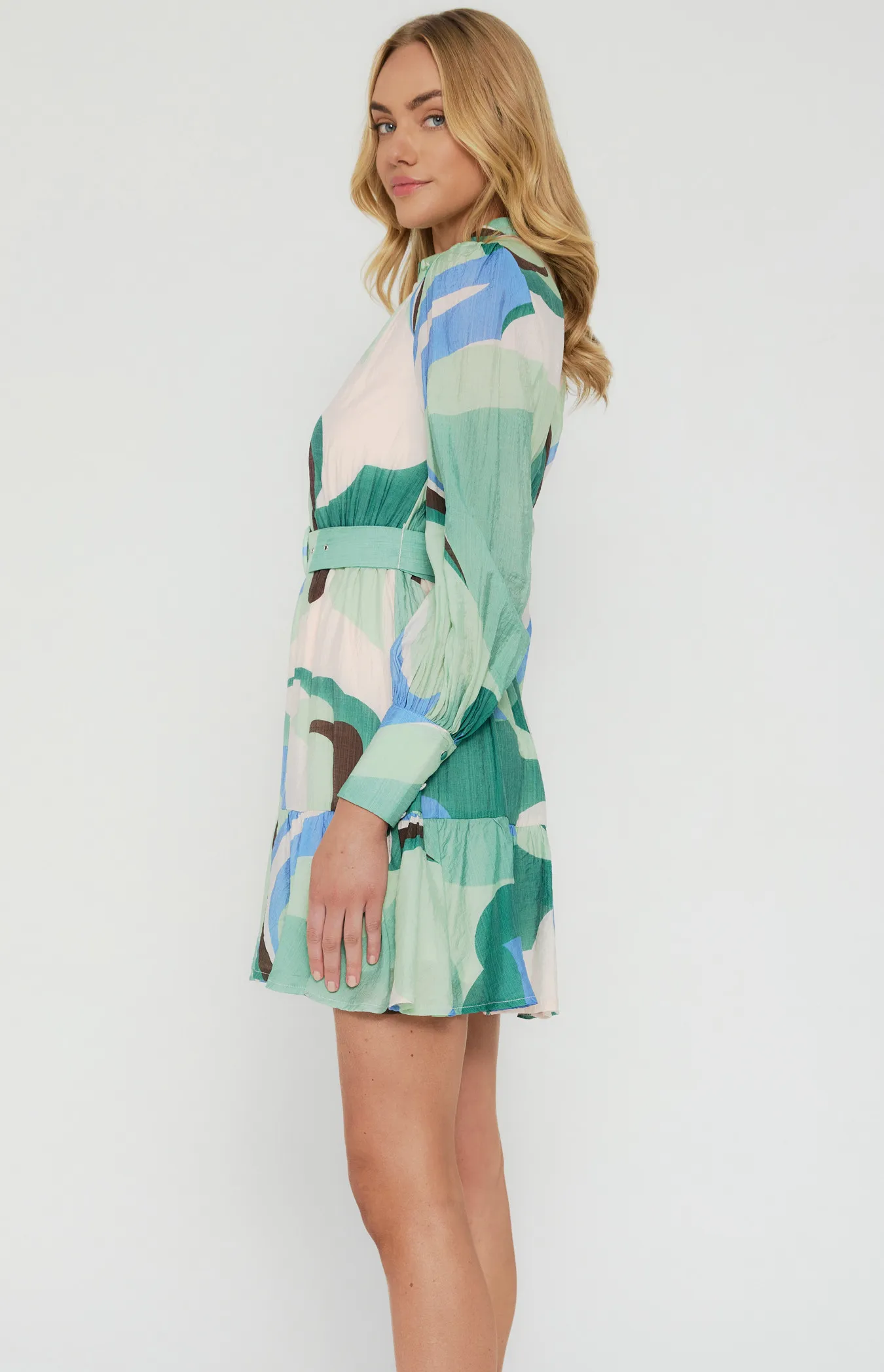 Abstract Print Shirt Dress with Self Fabric Belt