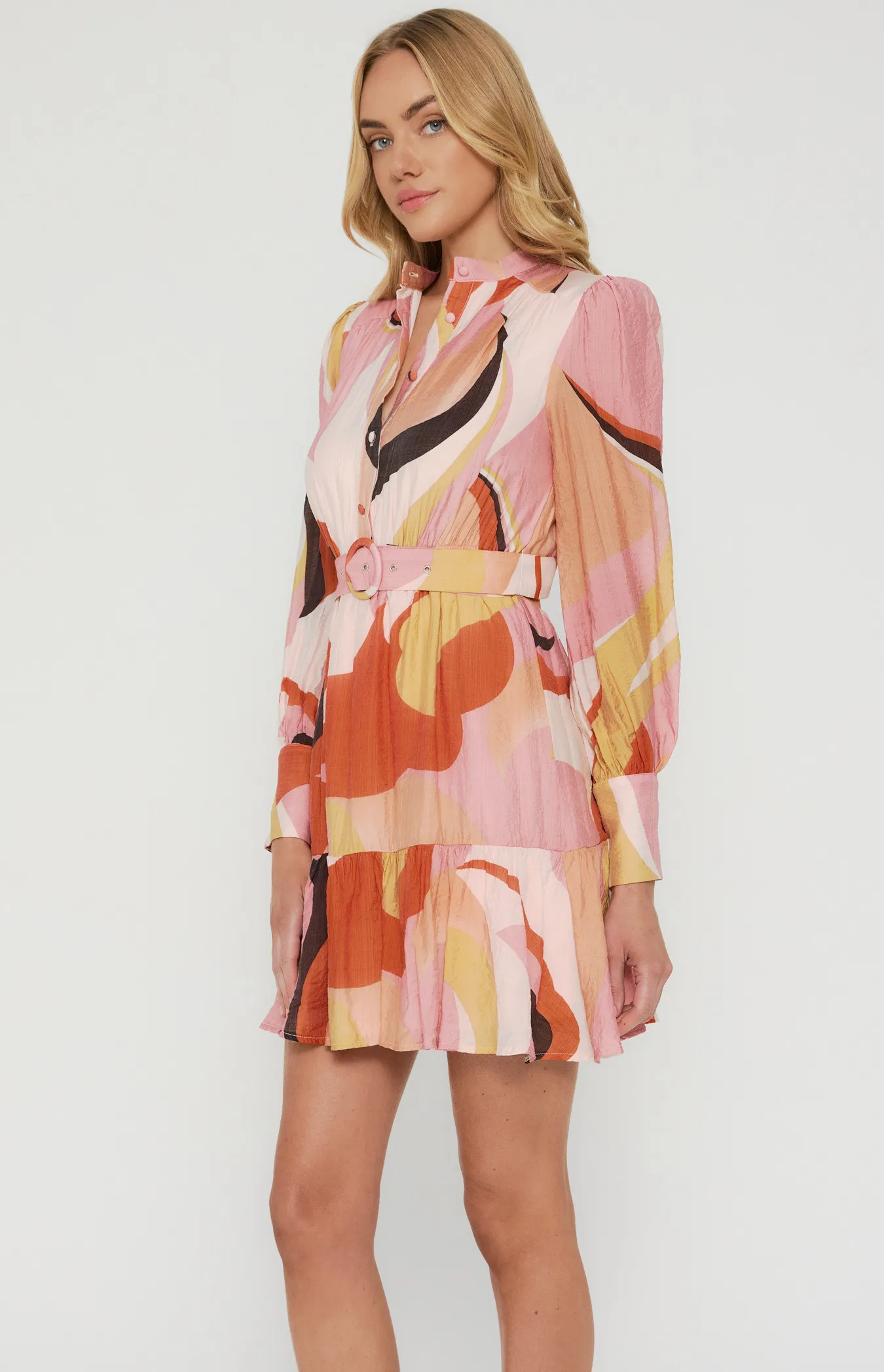 Abstract Print Shirt Dress with Self Fabric Belt