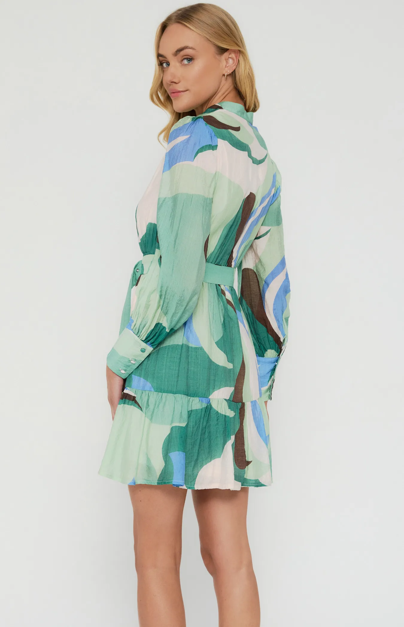 Abstract Print Shirt Dress with Self Fabric Belt