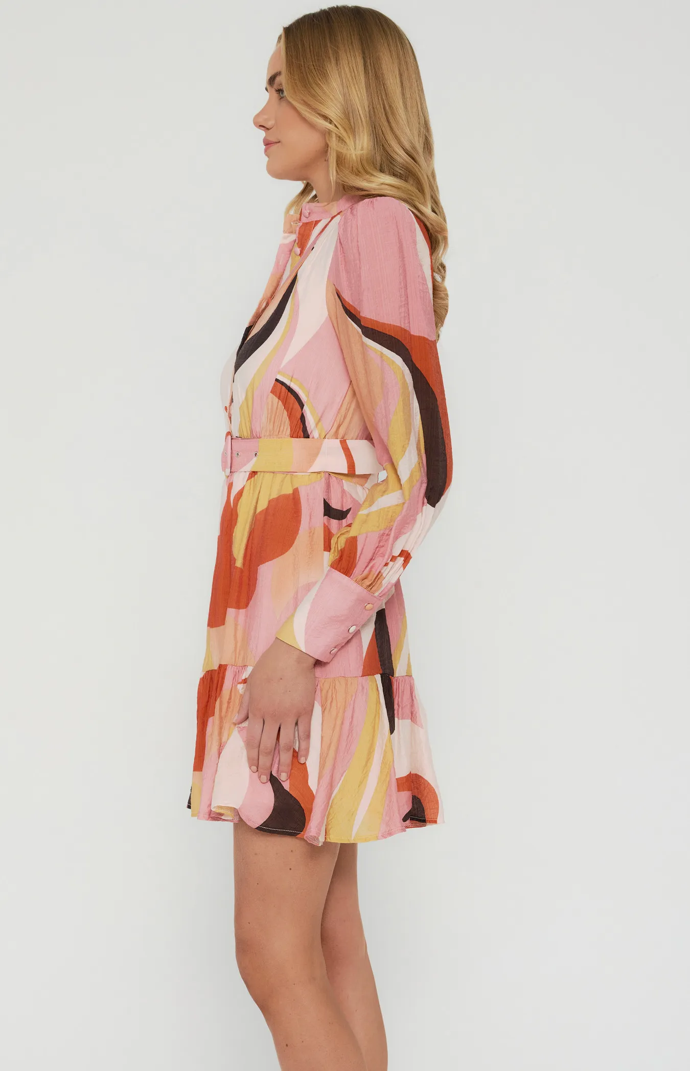 Abstract Print Shirt Dress with Self Fabric Belt