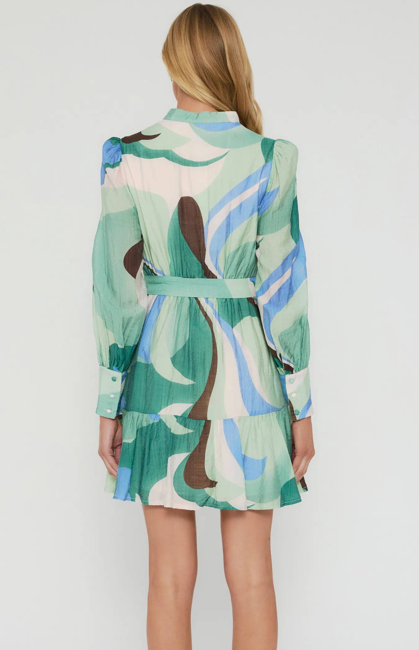 Abstract Print Shirt Dress with Self Fabric Belt