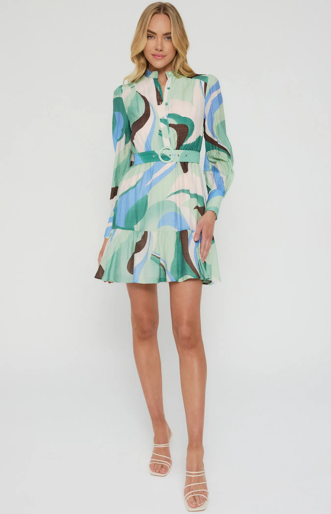 Abstract Print Shirt Dress with Self Fabric Belt