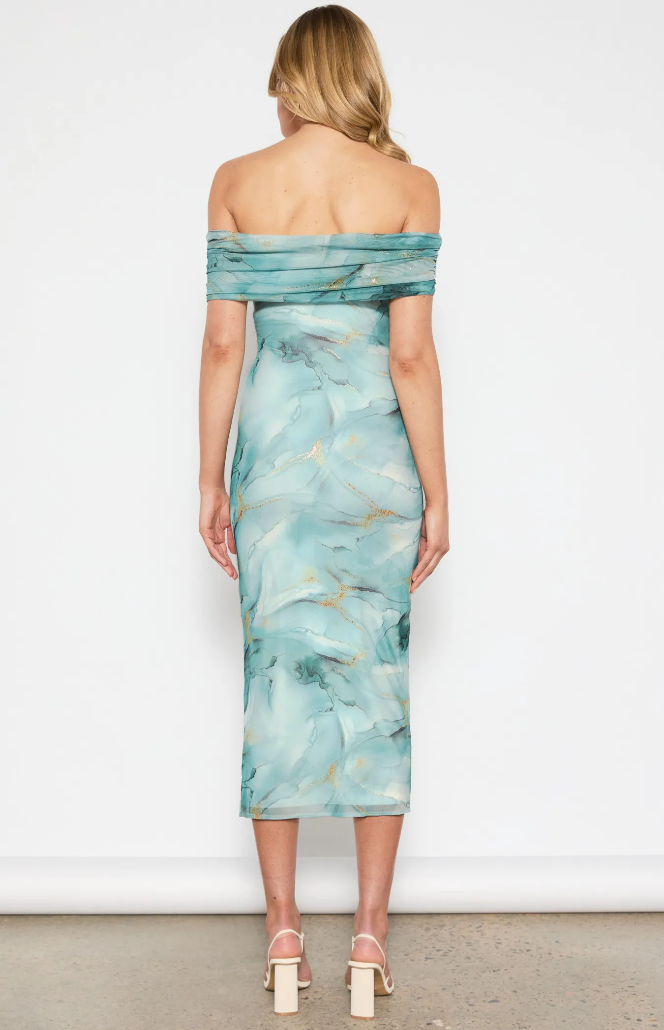 Abstract Printed Ruched Mesh Midi Dress