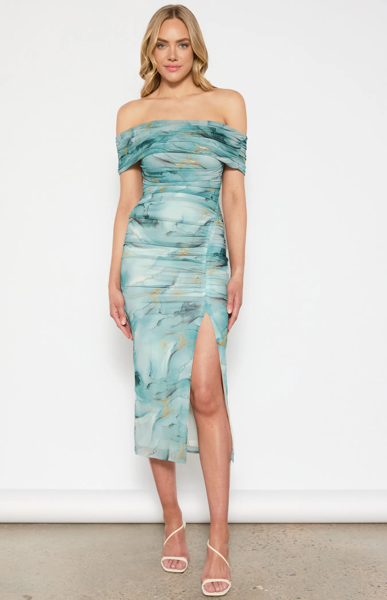 Abstract Printed Ruched Mesh Midi Dress