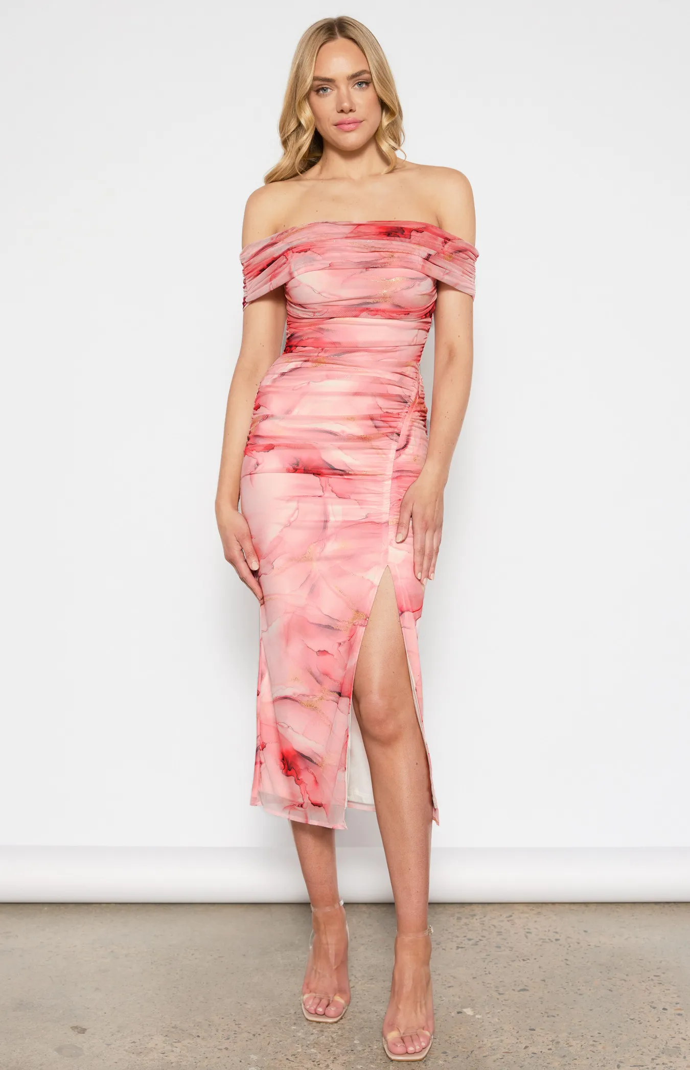 Abstract Printed Ruched Mesh Midi Dress