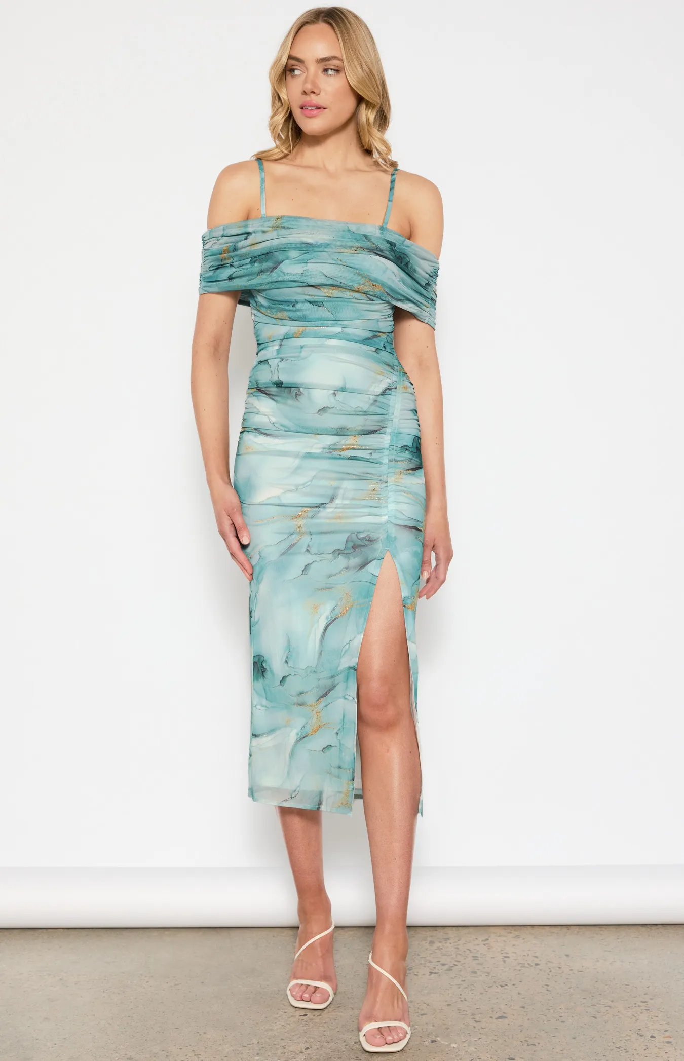 Abstract Printed Ruched Mesh Midi Dress