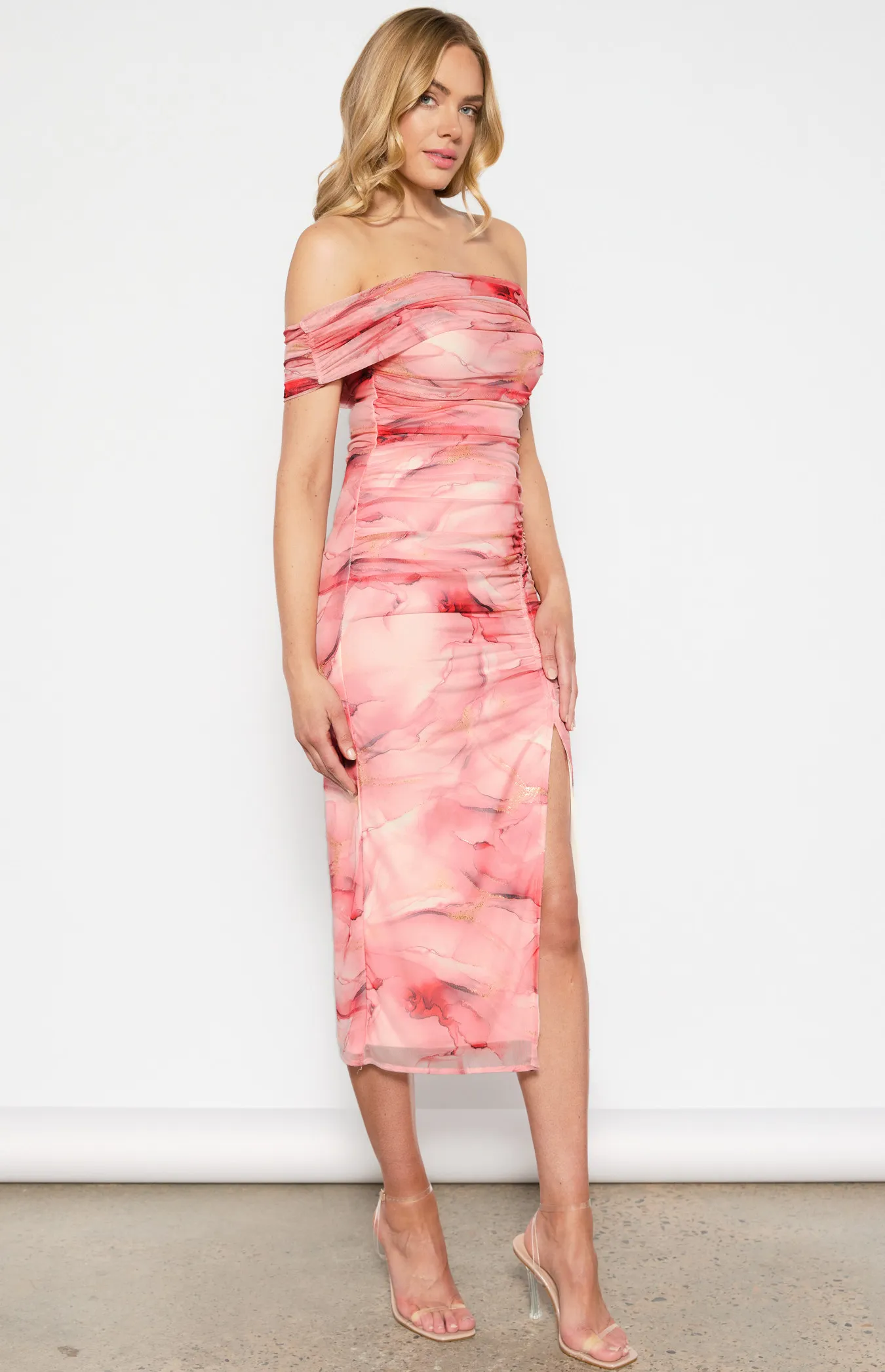 Abstract Printed Ruched Mesh Midi Dress