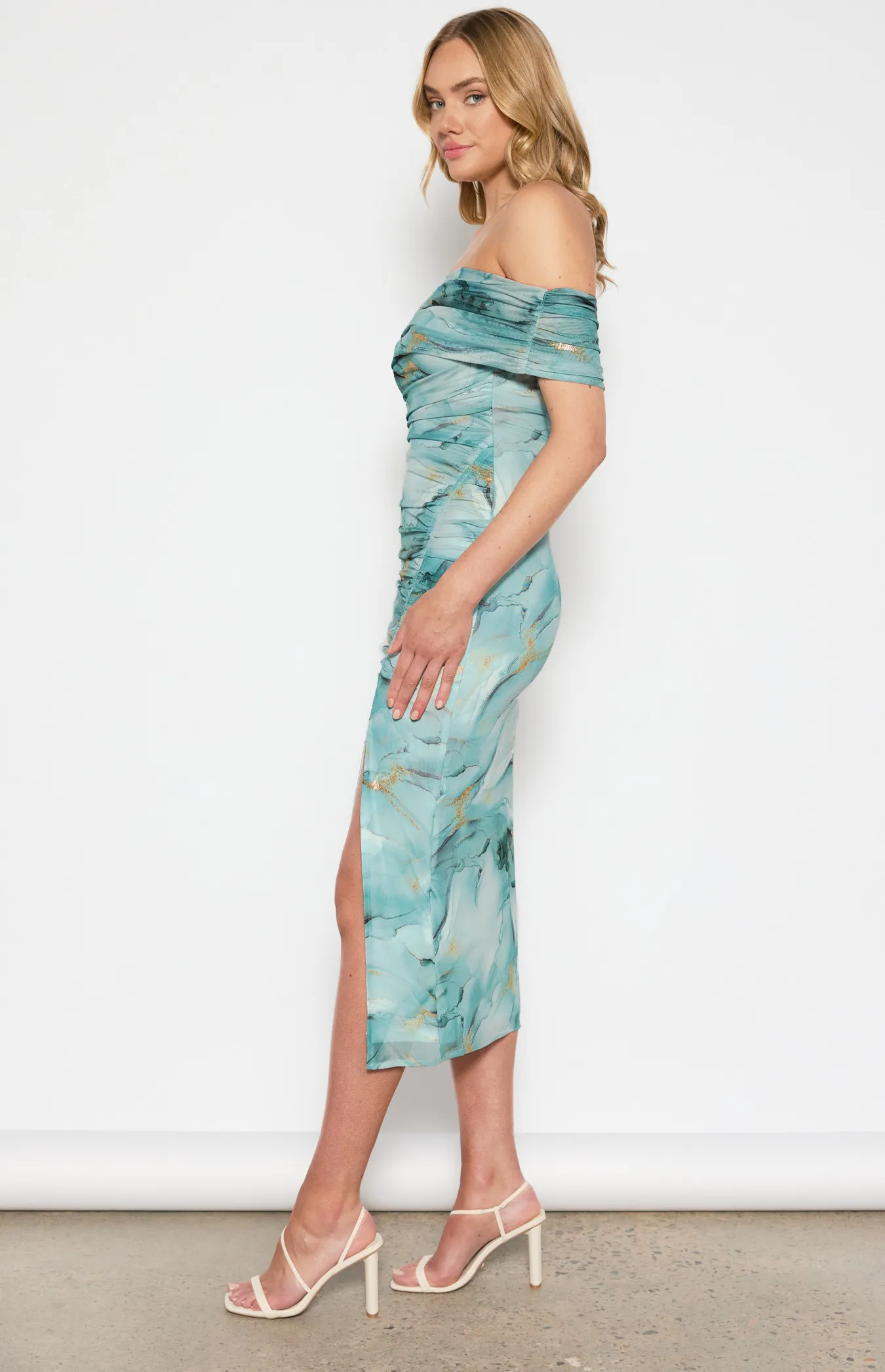 Abstract Printed Ruched Mesh Midi Dress