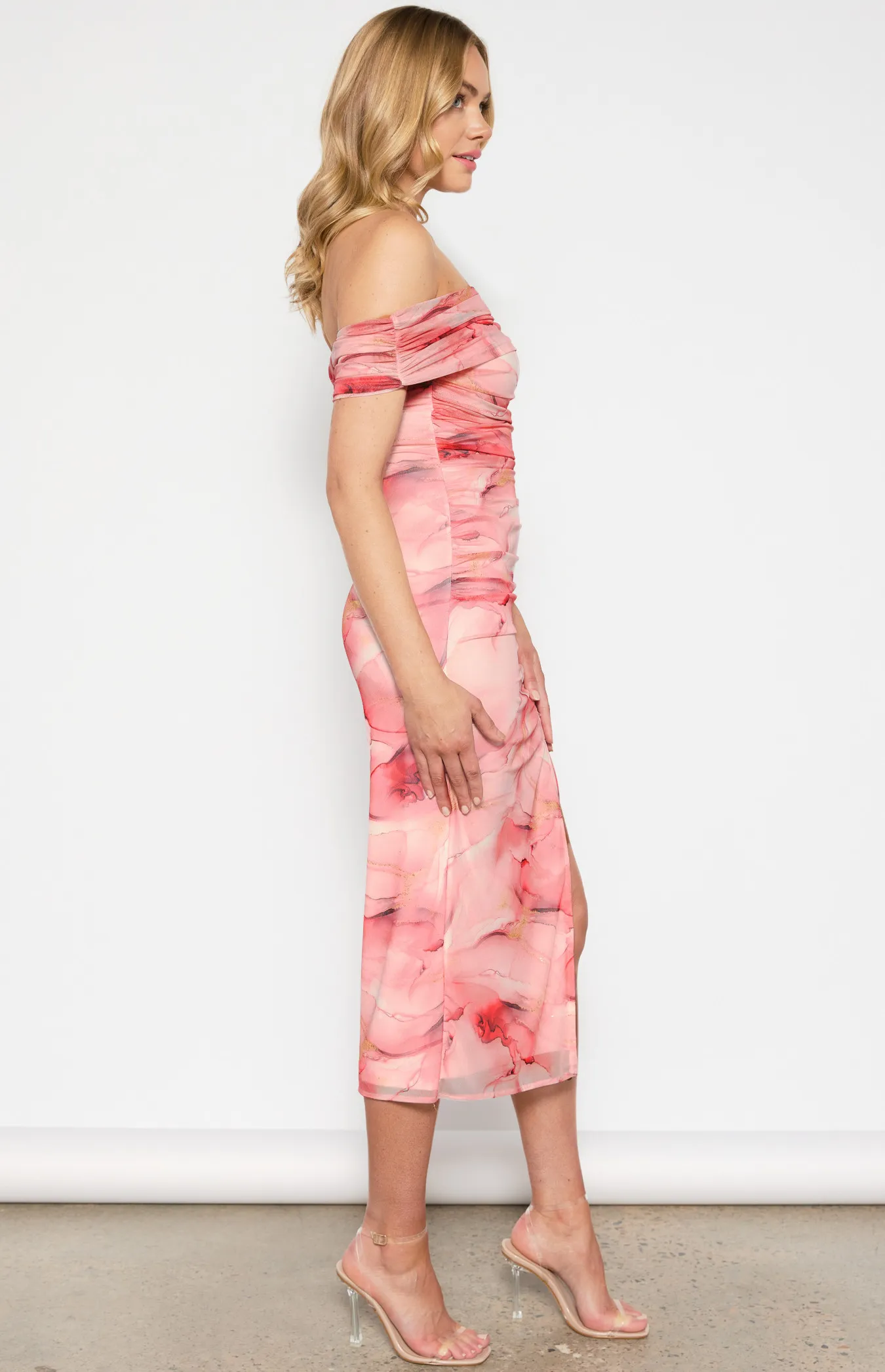 Abstract Printed Ruched Mesh Midi Dress