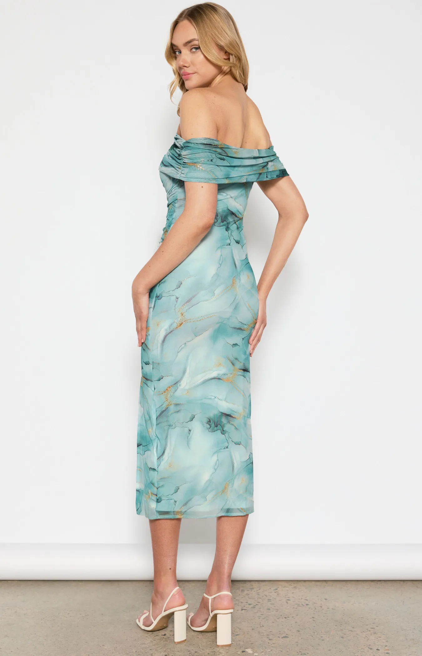 Abstract Printed Ruched Mesh Midi Dress