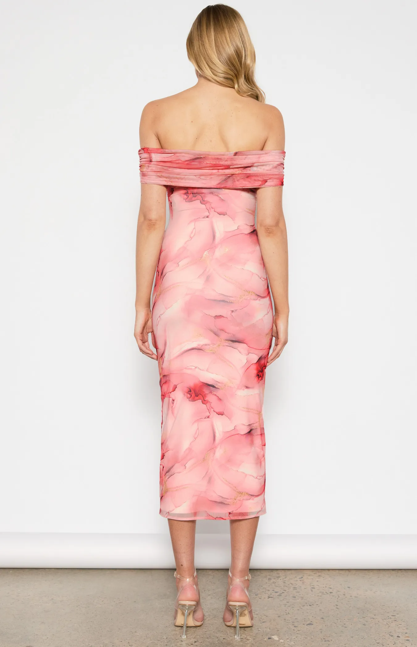 Abstract Printed Ruched Mesh Midi Dress