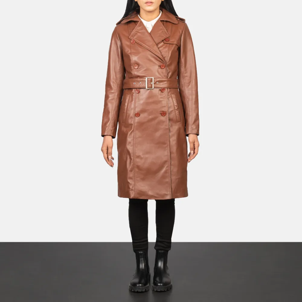 Alice Brown Leather Double Breasted Coat