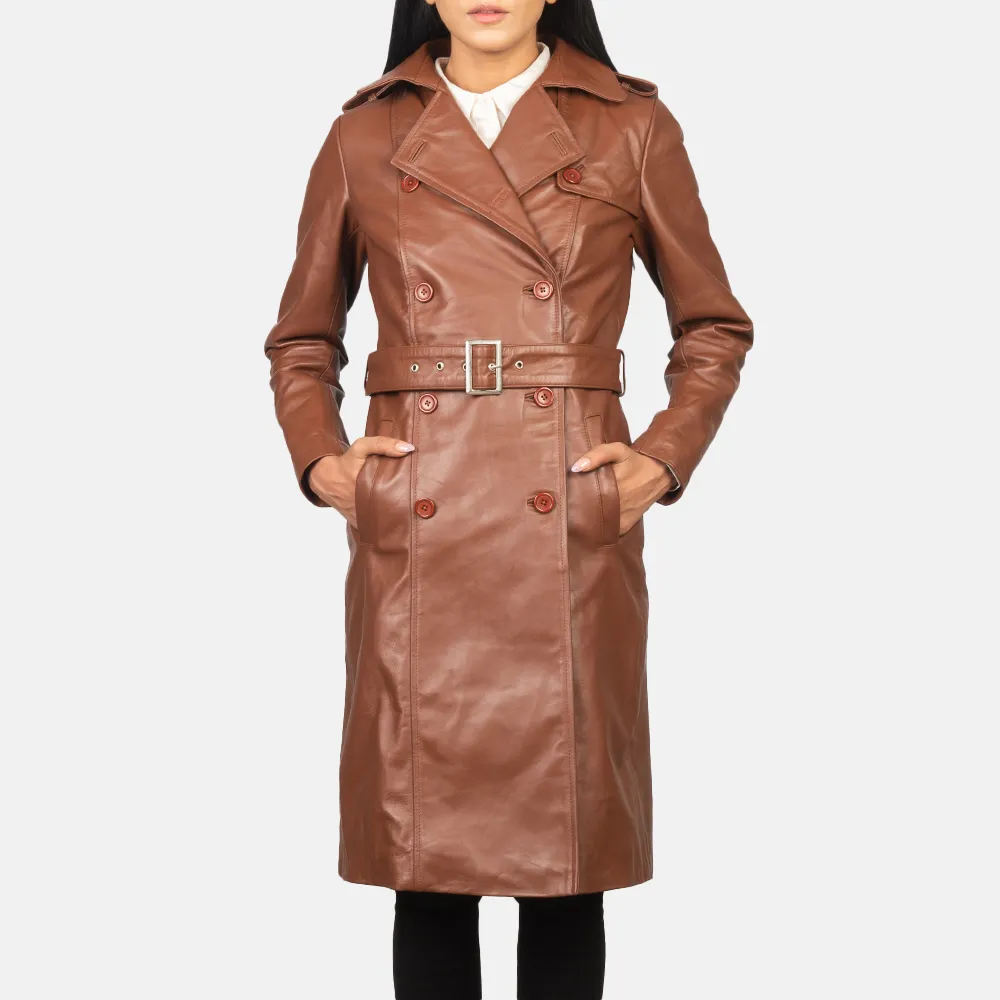 Alice Brown Leather Double Breasted Coat