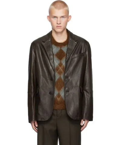 AMI Brown Two Buttons Leather Jacket Men