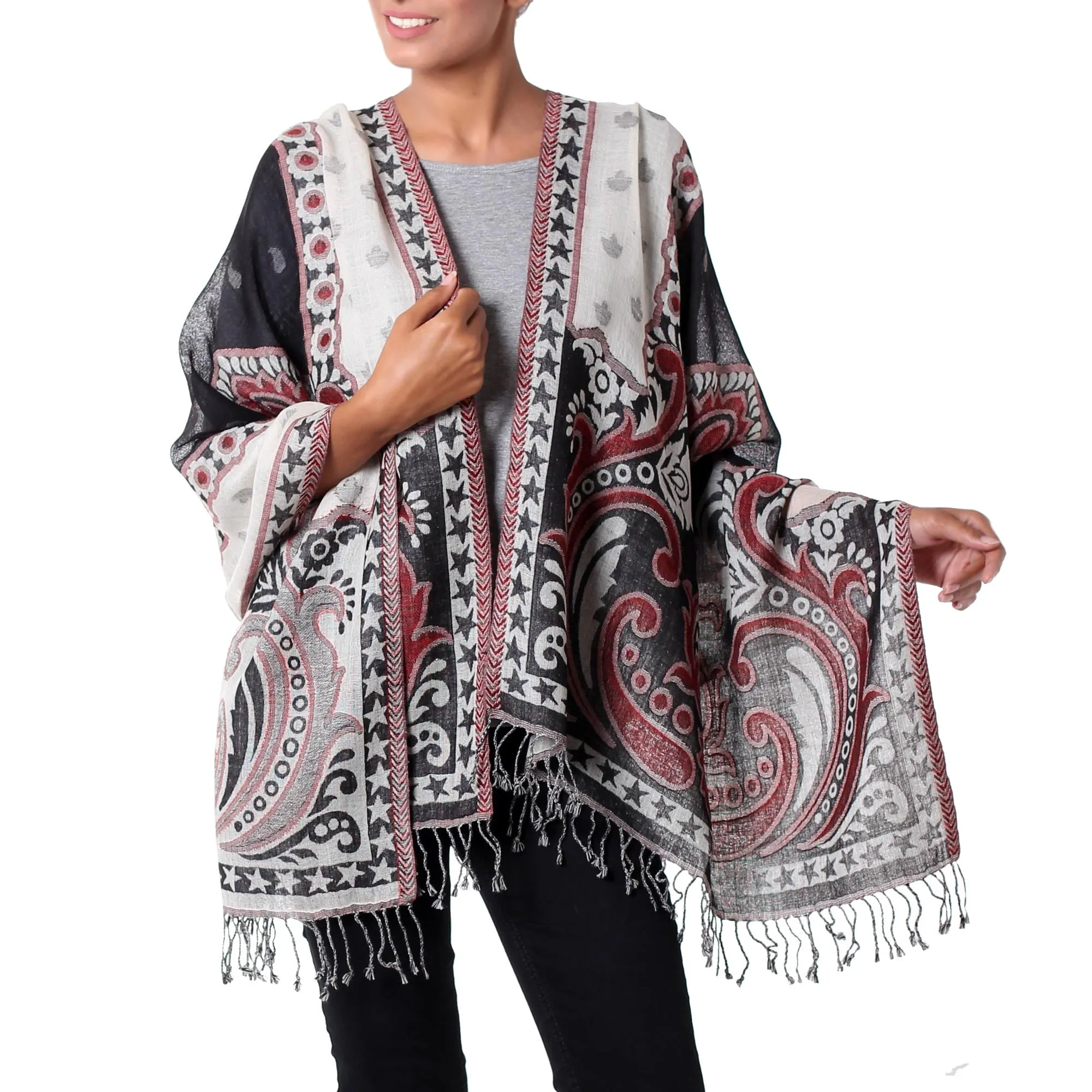 Black and White Indian Wool Shawl with Red Accents from Agra Night