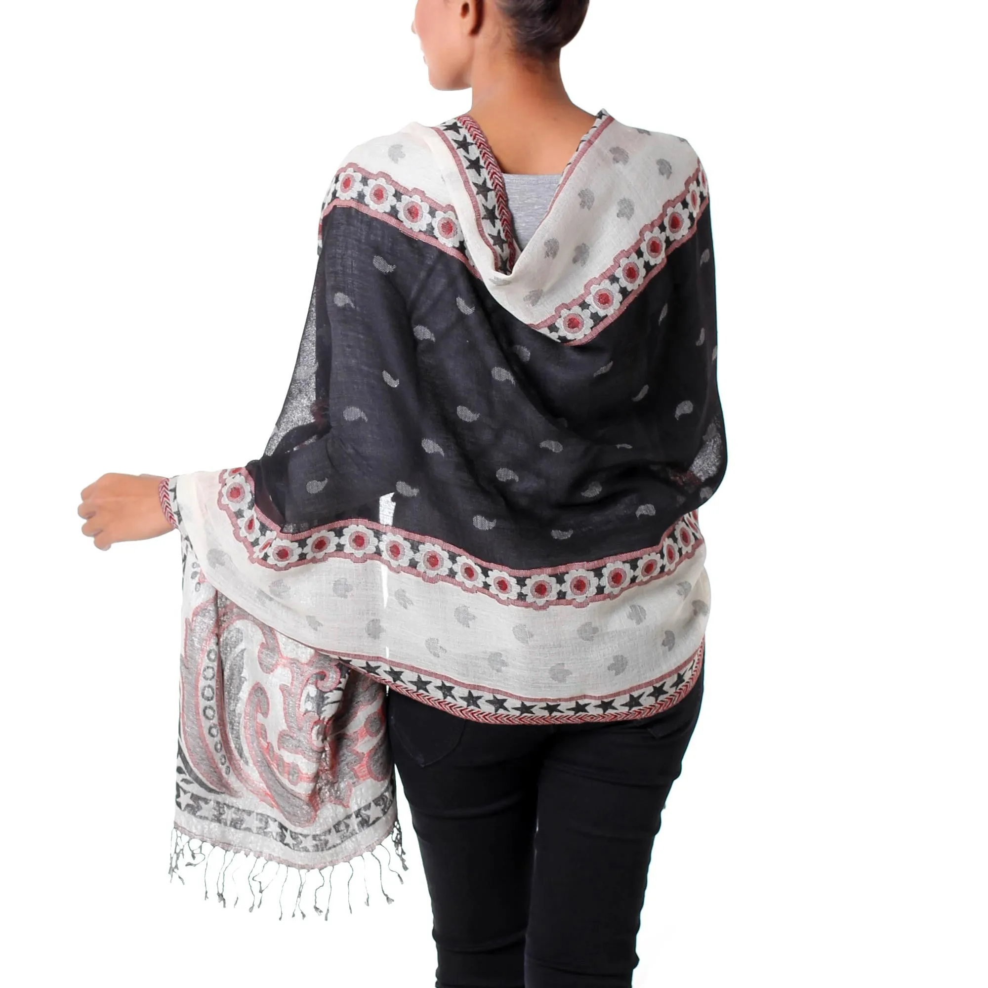 Black and White Indian Wool Shawl with Red Accents from Agra Night