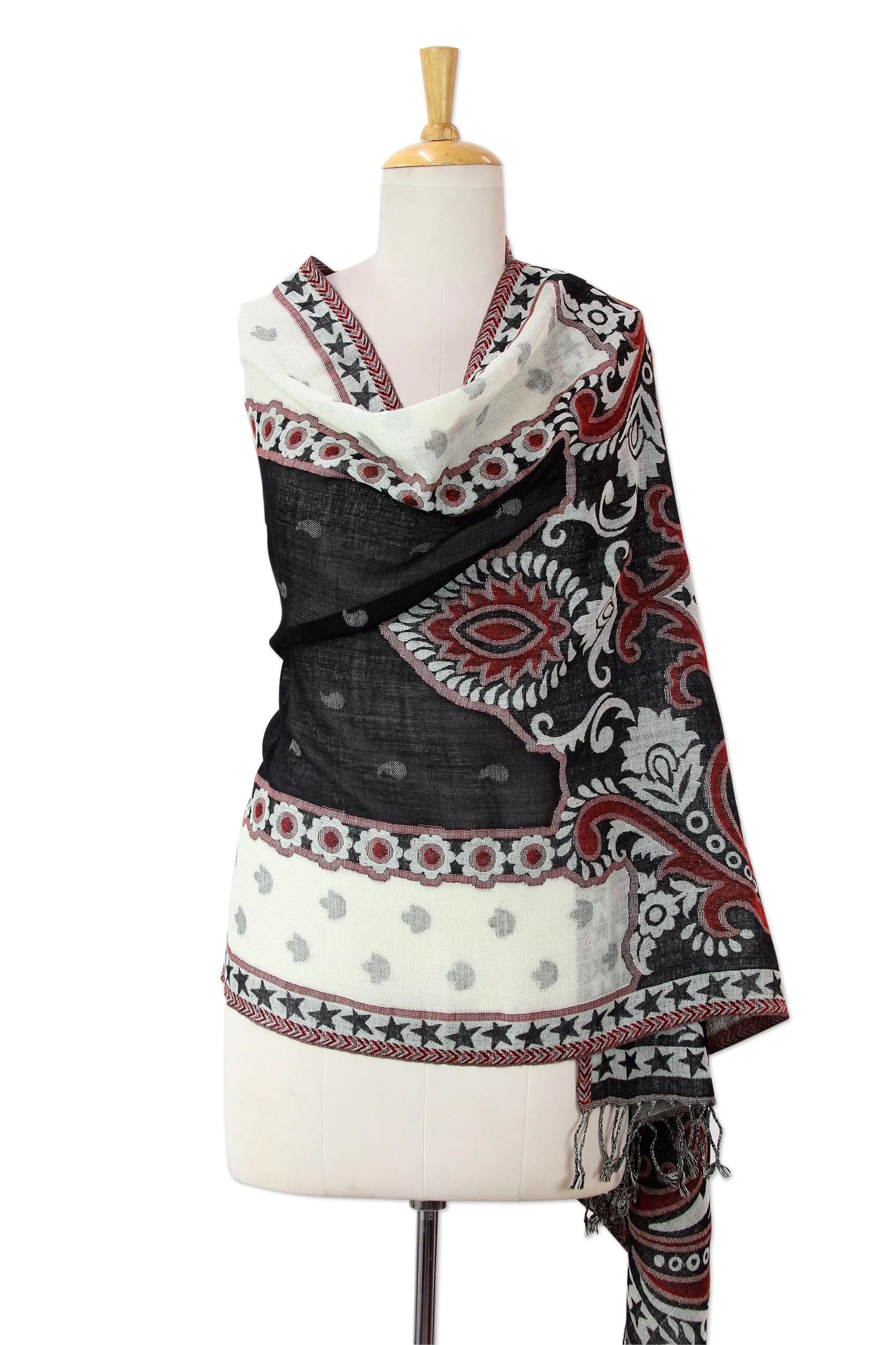 Black and White Indian Wool Shawl with Red Accents from Agra Night