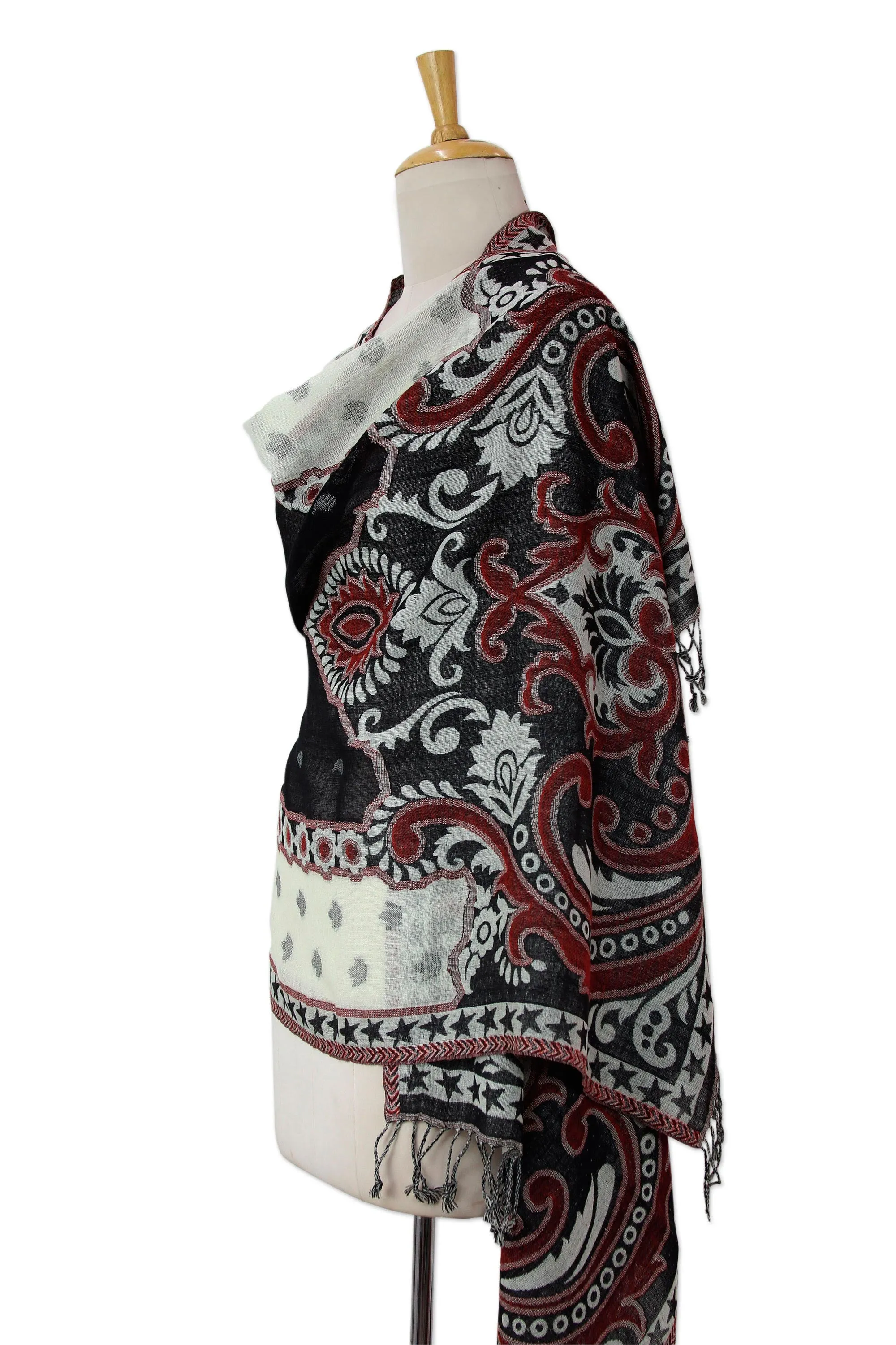 Black and White Indian Wool Shawl with Red Accents from Agra Night