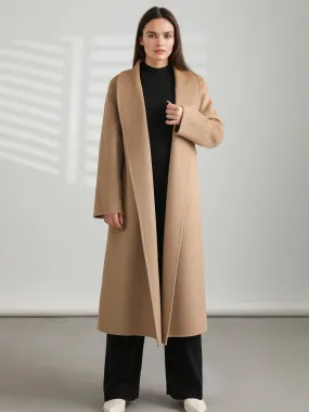 Black Maxi Coat for Women with Turndown Collar, Long Sleeves, and Sash