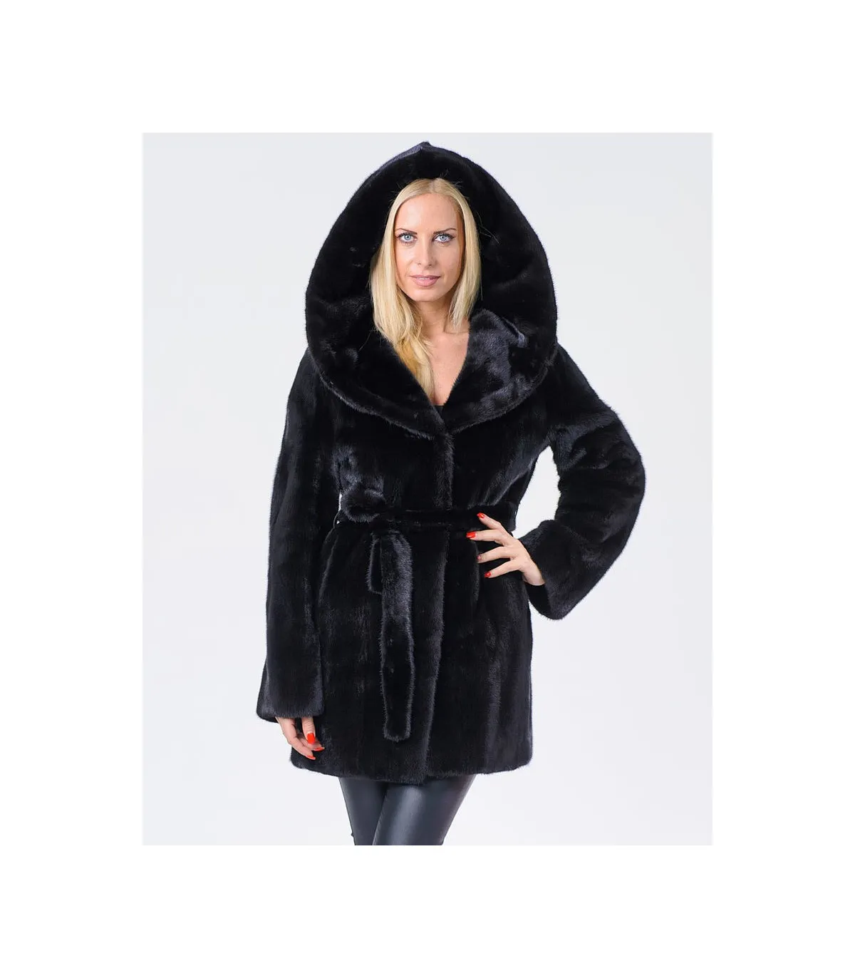 Black Mink Coat with Hood - FurHatWorld