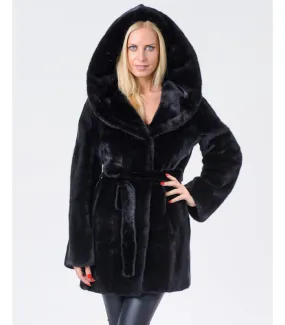 Black Mink Coat with Hood - FurHatWorld