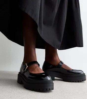 Black Patent Leather-Look Chunky Mary Jane Shoes New Look