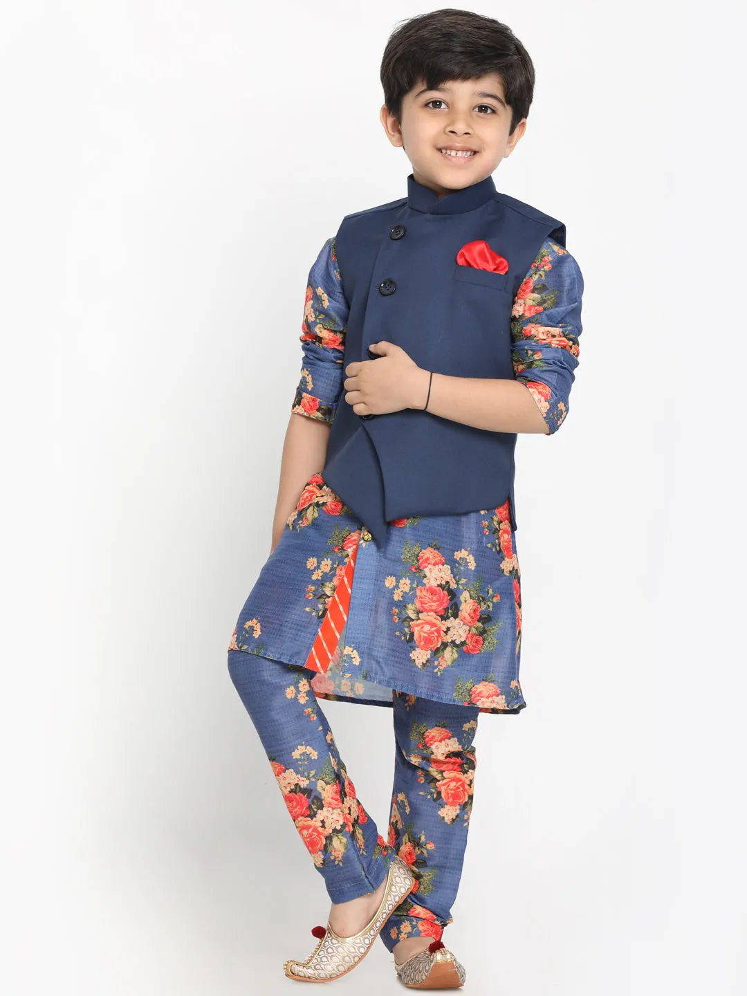 Blue Twill Jacket with Printed Kurta and Pyjama Set