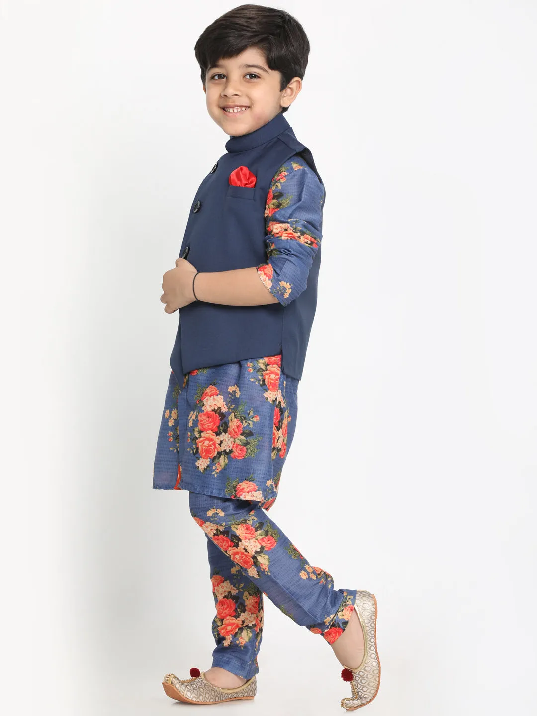 Blue Twill Jacket with Printed Kurta and Pyjama Set