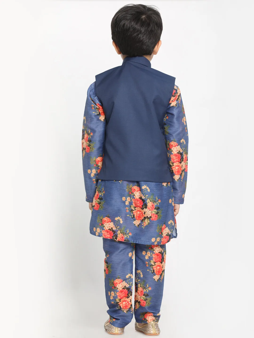 Blue Twill Jacket with Printed Kurta and Pyjama Set