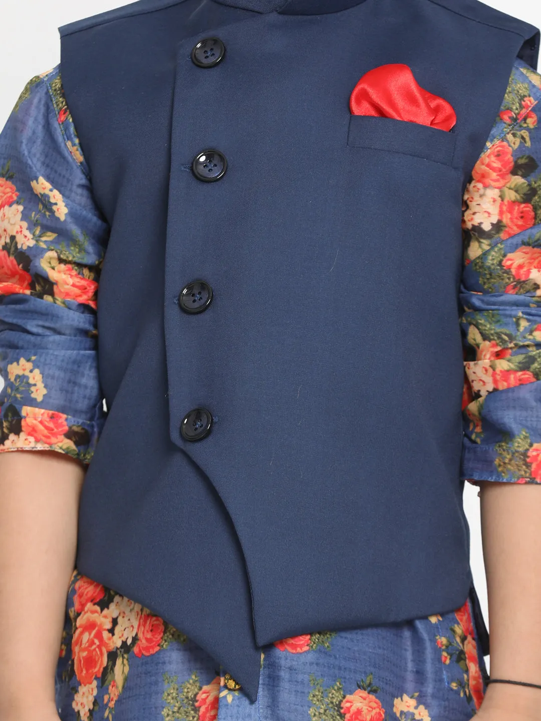 Blue Twill Jacket with Printed Kurta and Pyjama Set