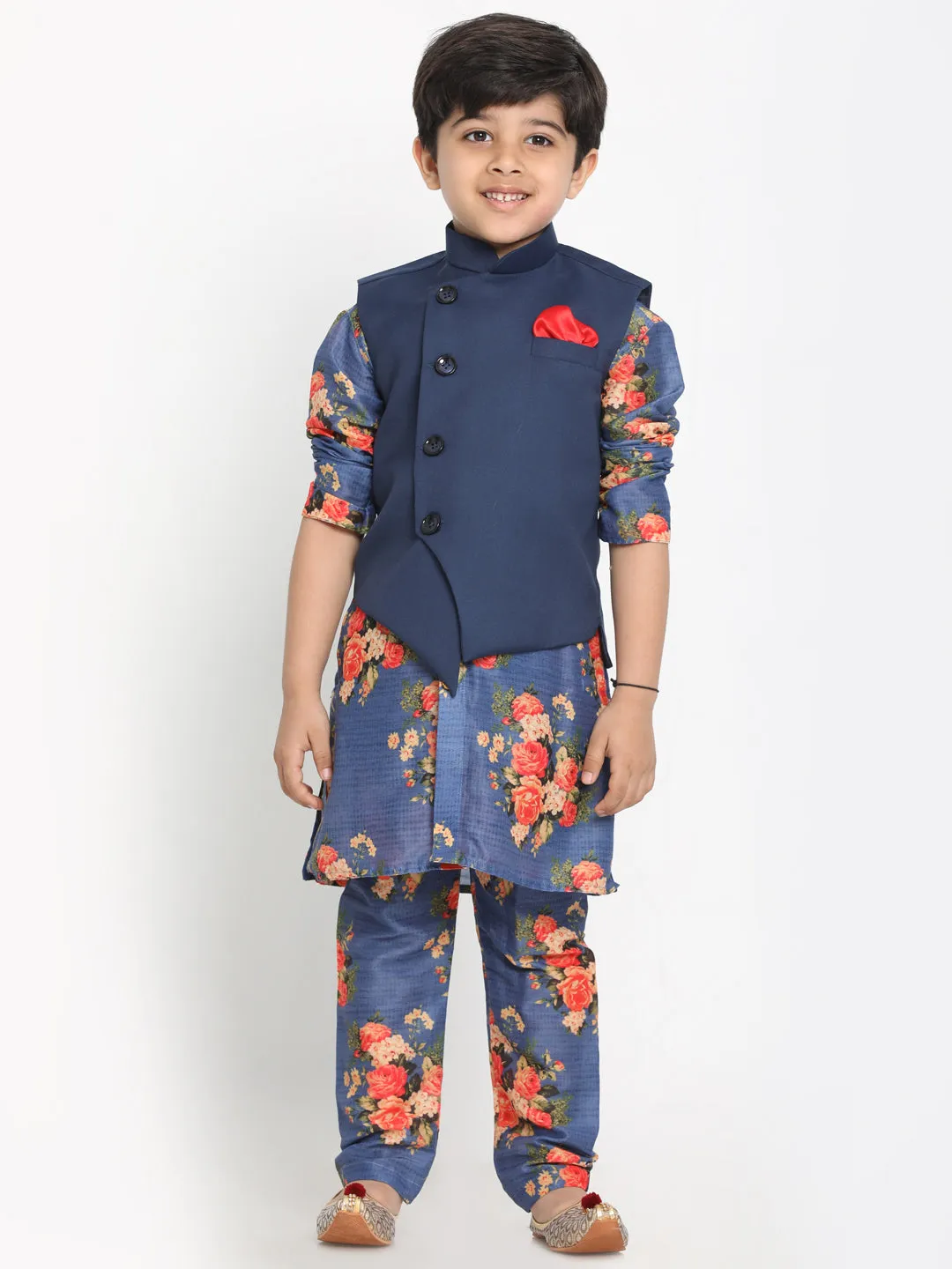 Blue Twill Jacket with Printed Kurta and Pyjama Set