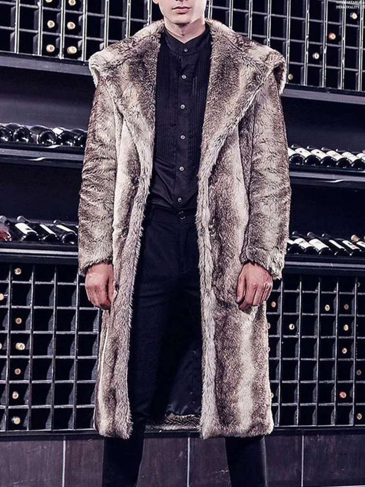 Brown Longline Winter Coat Brown Faux Fur Coat Men's Overcoat Two Tone Coat