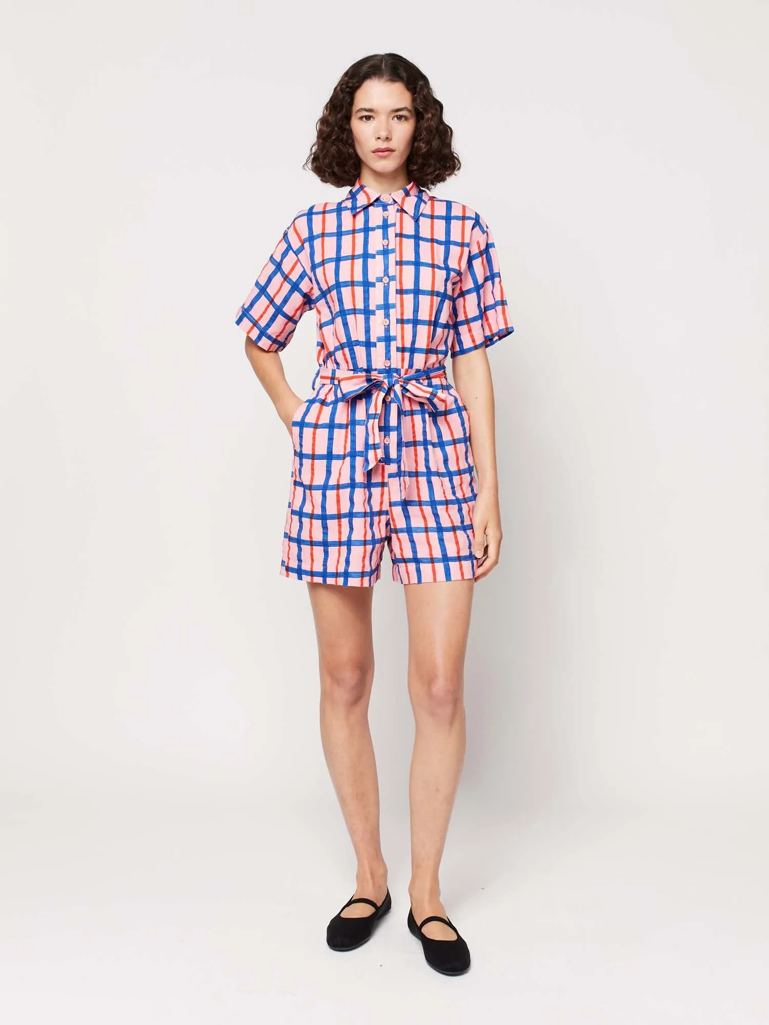 Checked Button-Up Short Romper