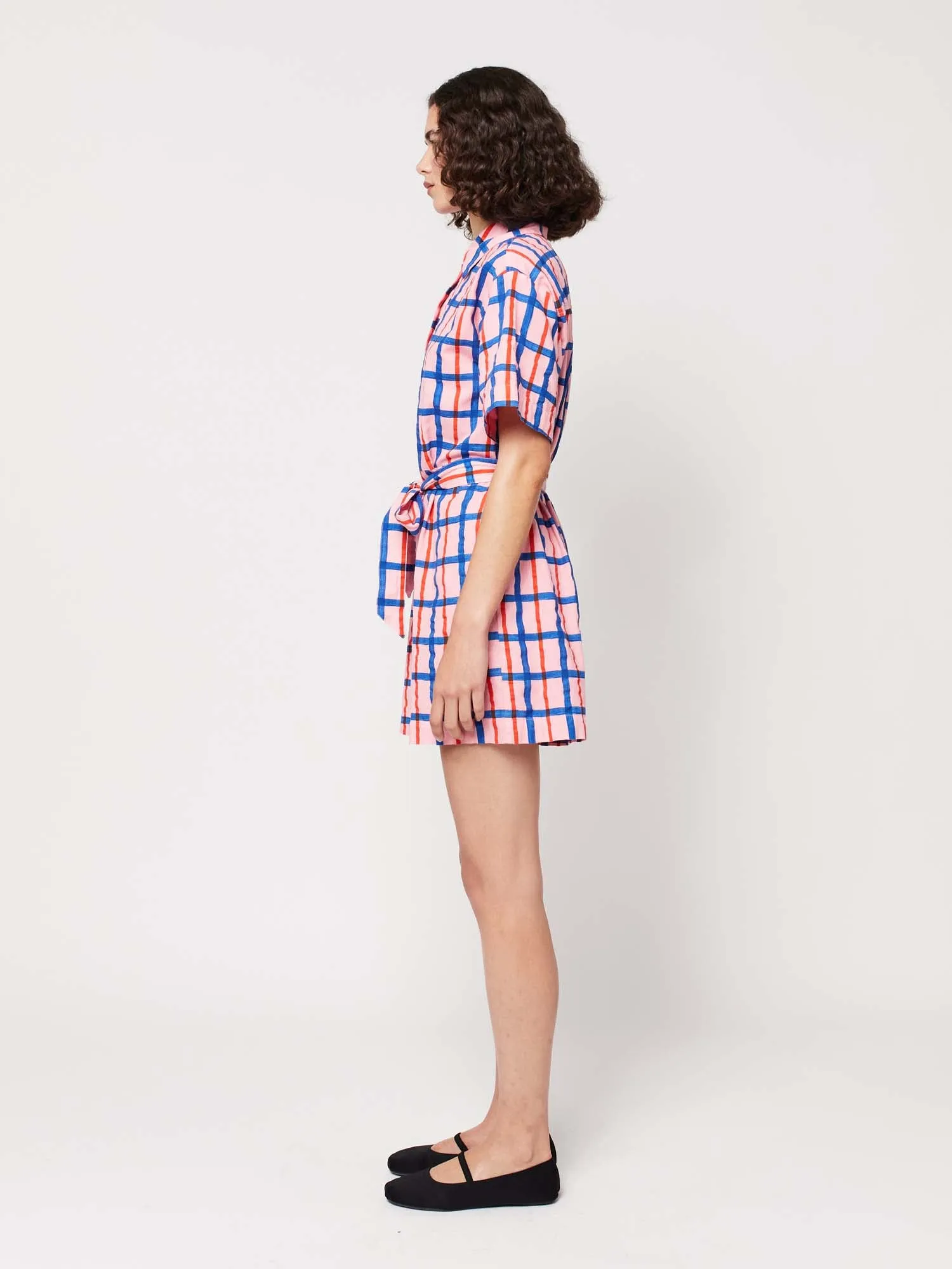 Checked Button-Up Short Romper