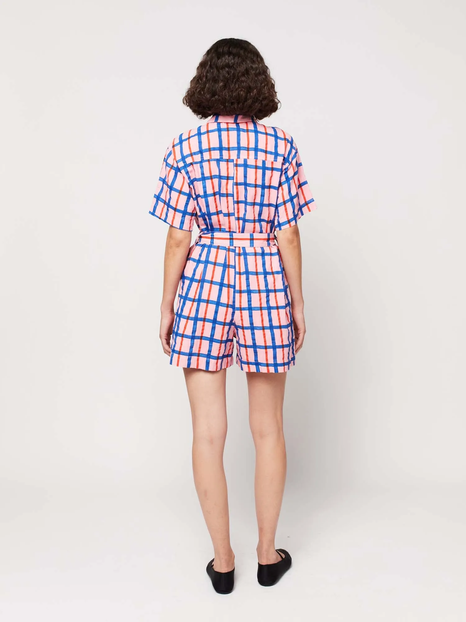 Checked Button-Up Short Romper