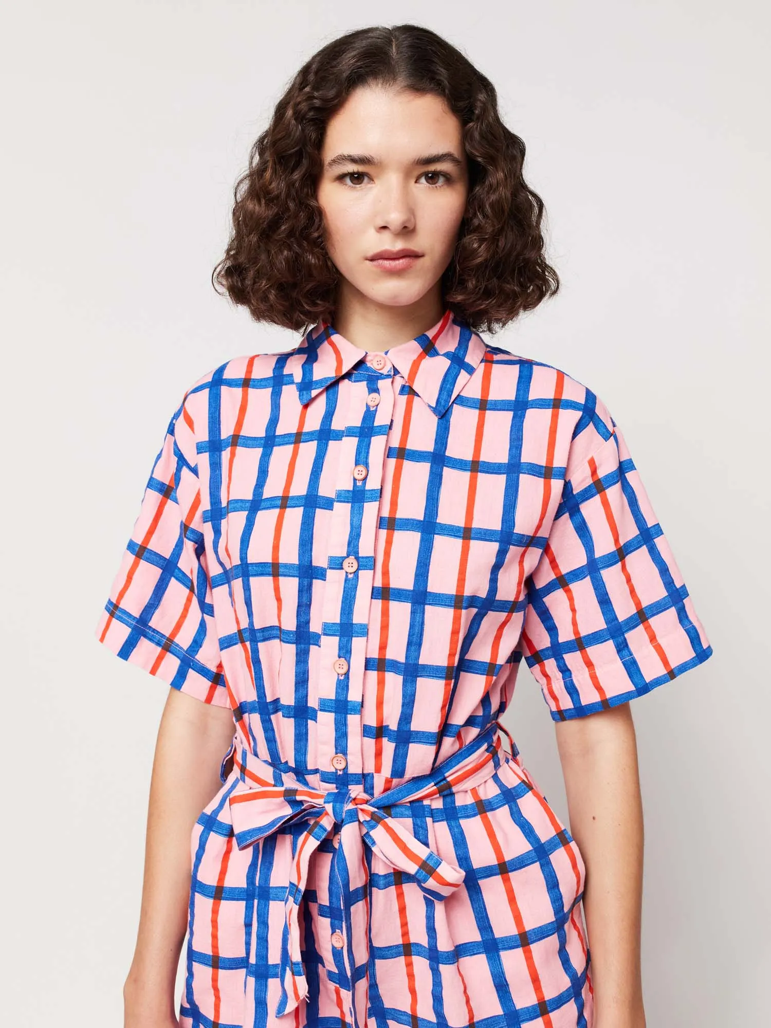 Checked Button-Up Short Romper