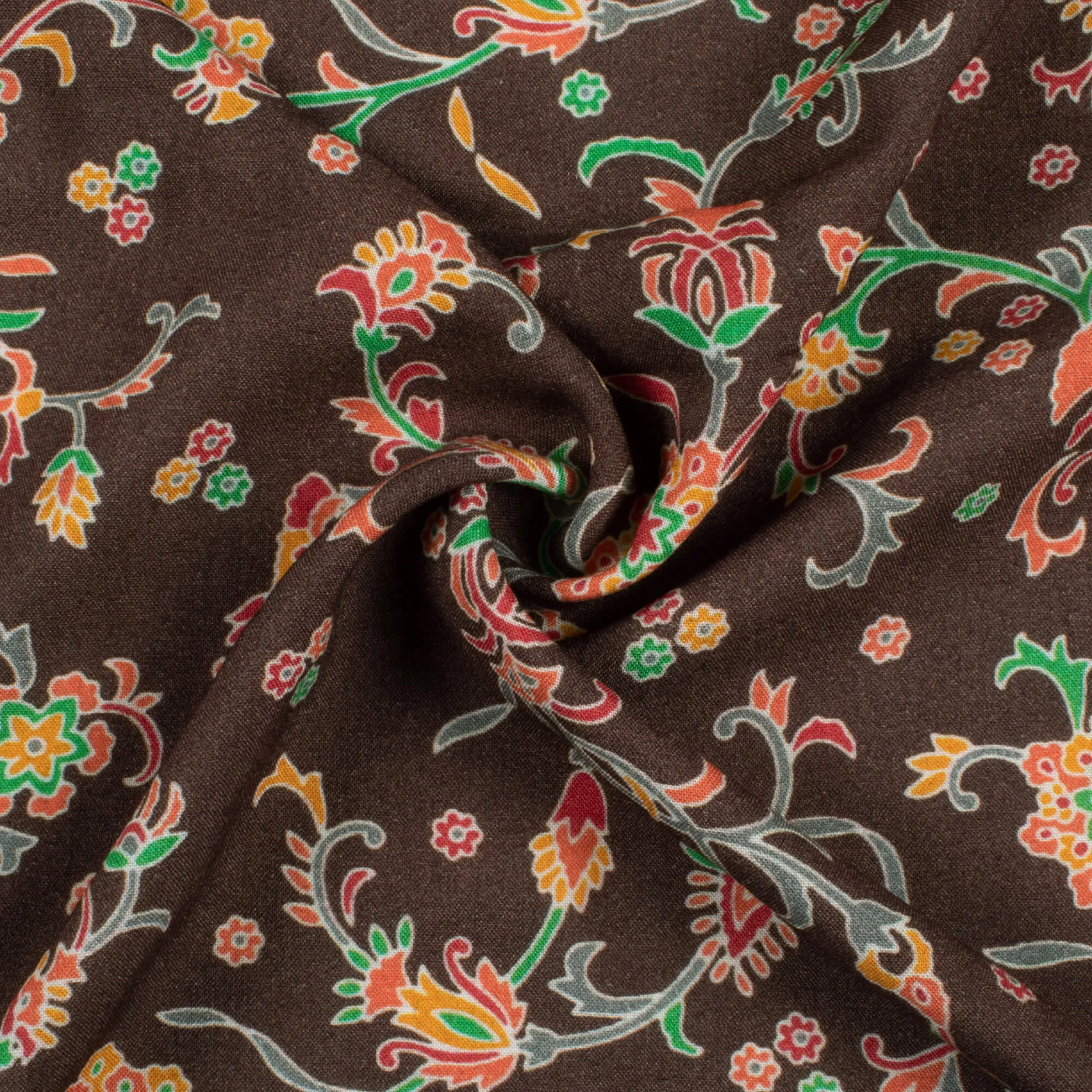 Coffee Brown Orange Floral Pattern Digital Print Viscose Rayon Fabric Width 58 Inches