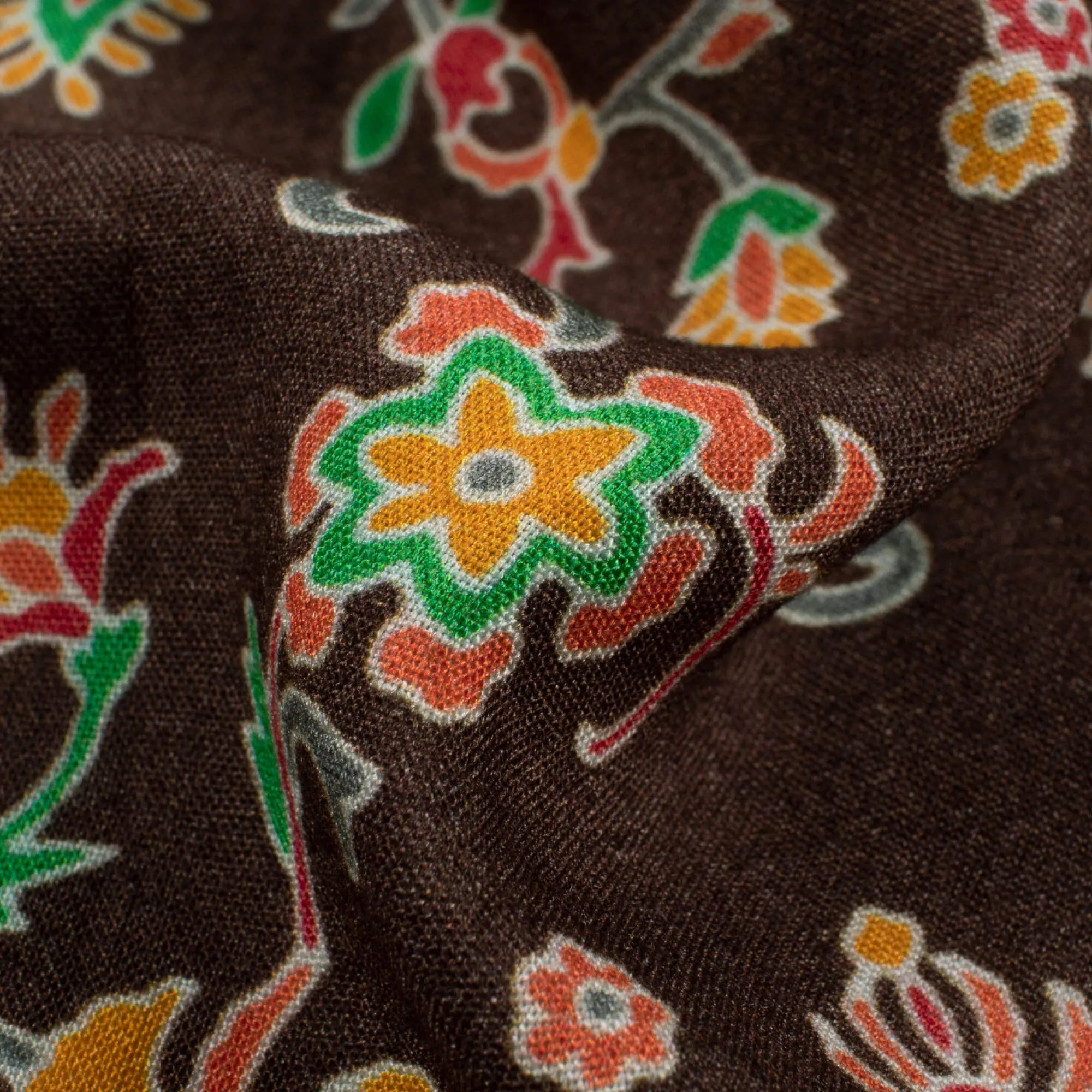 Coffee Brown Orange Floral Pattern Digital Print Viscose Rayon Fabric Width 58 Inches