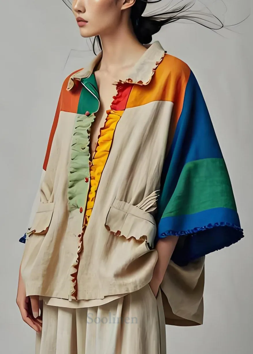 Colorblock Cotton Coat with Peter Pan Collar, Pockets, Patchwork Design, and Bracelet Sleeves.