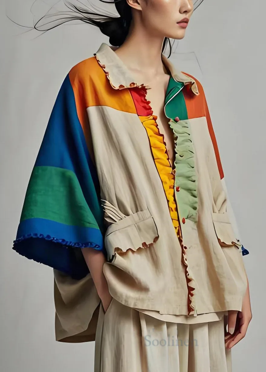 Colorblock Cotton Coat with Peter Pan Collar, Pockets, Patchwork Design, and Bracelet Sleeves.